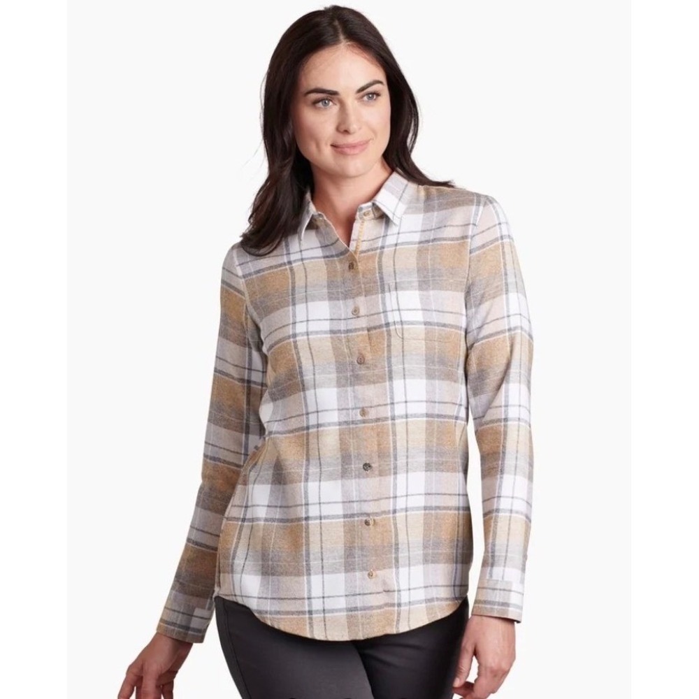 KUHL Womens Size S Kamila Flannel Shirt L/S Tan Plaid Outdoors Hiking Casual